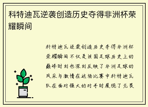 科特迪瓦逆袭创造历史夺得非洲杯荣耀瞬间